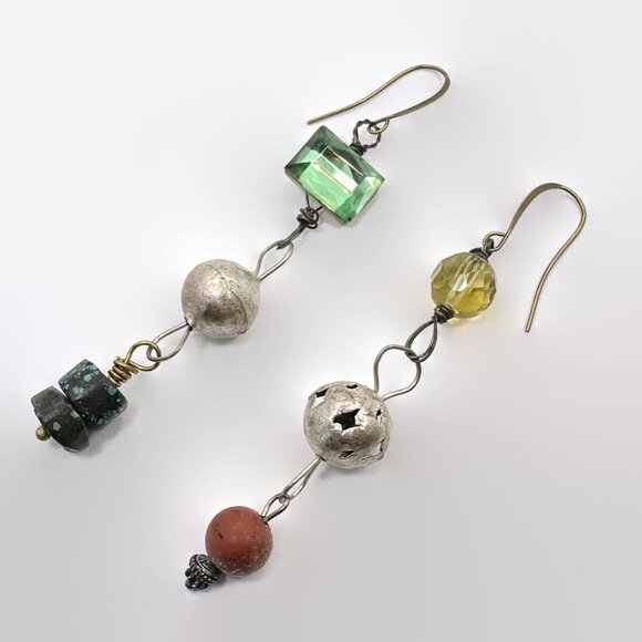 Jewelry - Asymmetrical Earrings, Turquoise, Silver, Beads, Mixed Material, Vintage